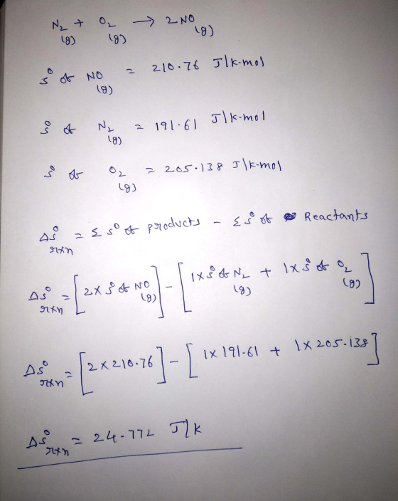 2 NO N₂ + 18) (g) 18) ho = 210.76 Ilk-mol of NO (9) ho s of N = 191.61 Jlk-mol 18) ho s ob o (9) 2205.138 Ilk-mol Reactants A