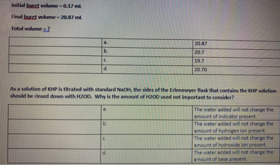 Initial buret volume =0.17 ml Final buret volume = 20.87 ml Total volume ? a. 20.87 b. 20.7 C. 19.7 d. 20.70 As a solution of