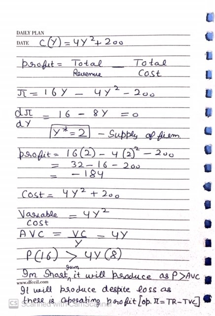 DAILY PLAN DATE cly) = 4y?+ 200 brofit = Total Revenue Total Cost π = 16 Y Чу? 200 - O dr 16 8Y dy y*= 2 - Supply of fiem. be