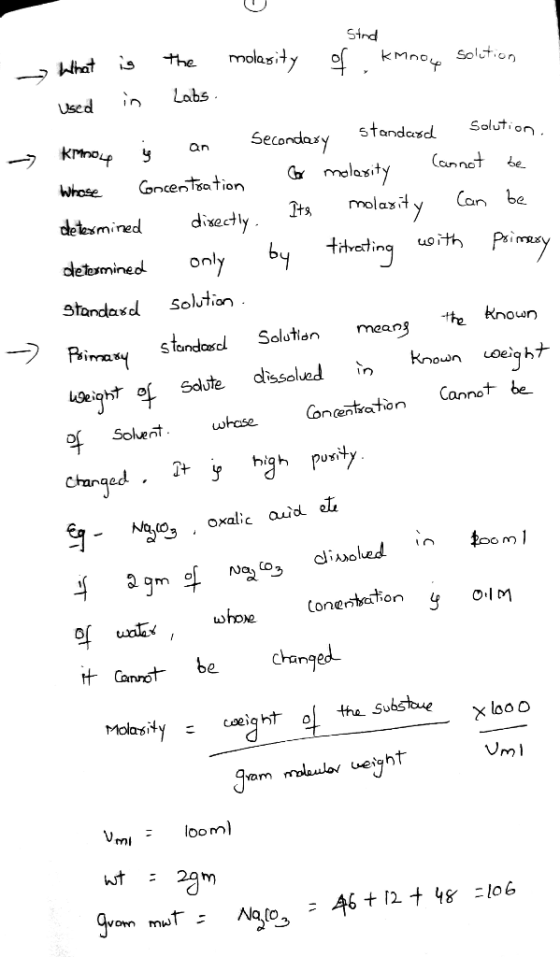 Stnd molasity o the Solution KMnoy Nhot Labs Used Salution standasd secondasy Ca melasity knof an Canot e Concentsation Whose