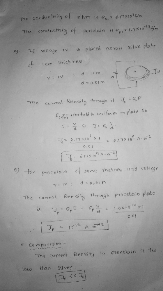 The conductivity of silver is 6. = 6.17X1078/m The conductivity of porcelain is 6 p0 = 1.0x10 m. A). across silve plate If vo