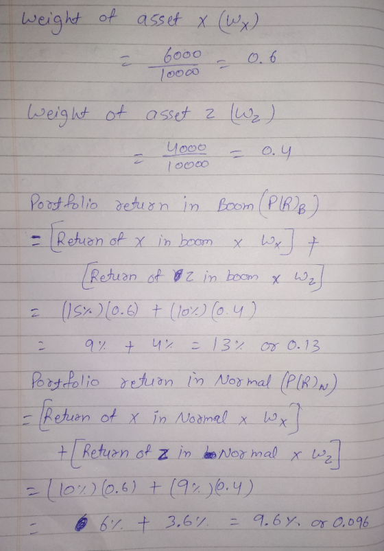 weight of asset X (Wx) 6000 – 0.6 - O. 6 looco Weight of Wr) asset ? Yooo - = 0.4 10000 Portfolio deturn in Boom (PIRB) - Ret