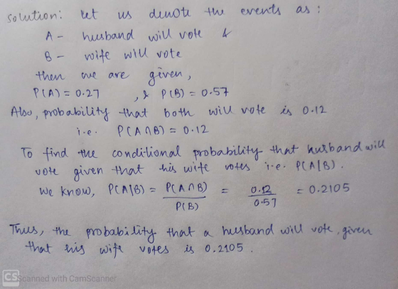 us are solution: denote the events as A - husband will vote 4 B wife will vote then given, PLA)= 0.27 & P (B) = 0.57 Also, pr