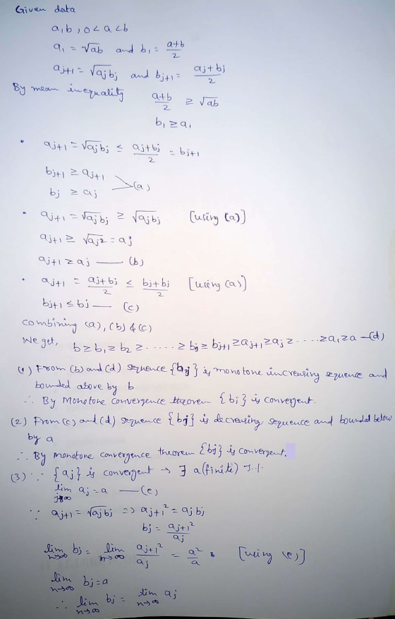 2 Given data a, b, olaLb 9 = Vab and bia ato ajti = Vaj b; and b; t1 = a; thi By mean inequality atb z jab biza, • ajti = vaj