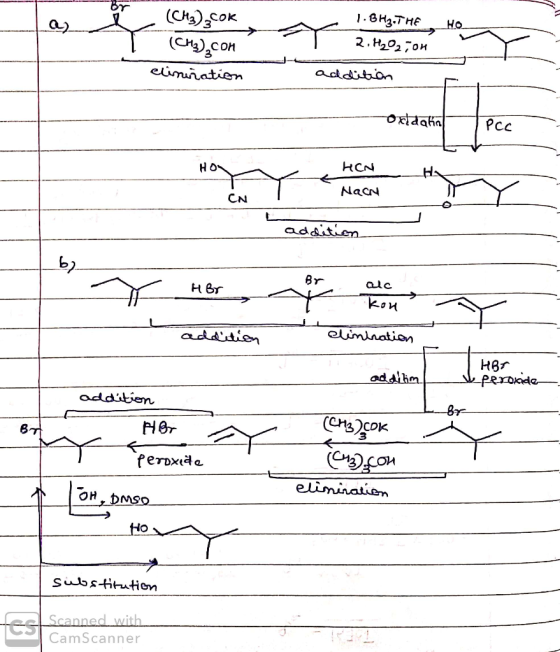 1.BH₃. THE (CH3),cok (CH3),con clinization 2.H₂O2ion addition Osdot PCC HON HON Nac addition HBr alc Ť Hor addition all eline