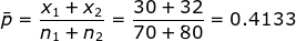 \bar{p}=\frac{x_1+x_2}{n_1+n_2}=\frac{30+32}{70+80}=0.4133