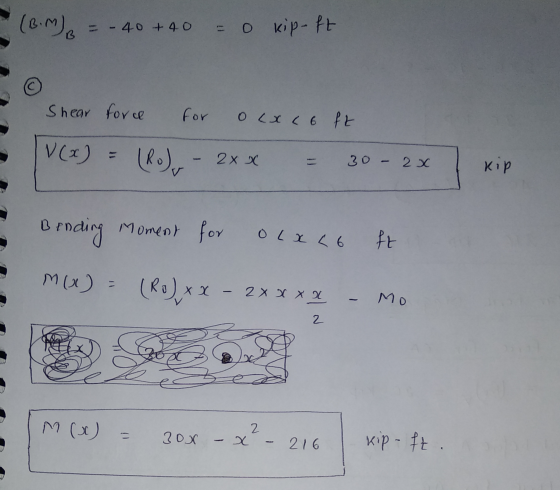 (BM), = - 40 +40 = 0 = 0 kip-ft Shear force for o cxc6 ft V(x) = (Rodu 2x x 30 - 2x кір Brnding moment for OLXc6 ft M(x) = (R