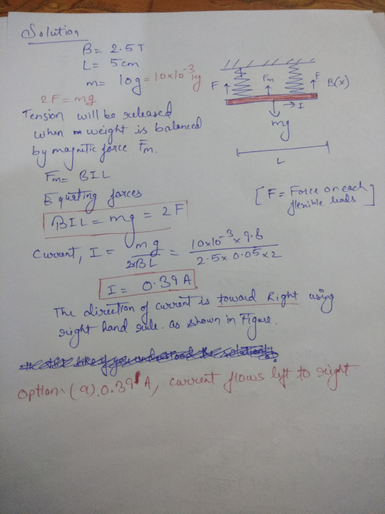 Solution B= 2.5T L= 5cm Fom FT 2F = ng I my mo log-louloty Tension will be released When in weight is balanced by magnetic fo