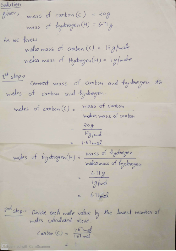 solution given, mass of carbon (c) = 20g mass of hydrogen (H) = 6-71g As we know molar mass of carbon (C) = Rg/mole molar mas