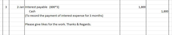 3 1,800 2-Jan interest payable (600*3) Cash (To record the payment of interest expense for 3 months) 1,800 Please give likes