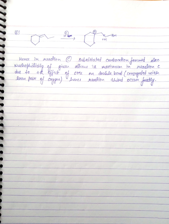 12112212 Heuce in sceaction © Substituted earlbocation formed also Nucleophilicity of given alkuue is maximum in reaction c d