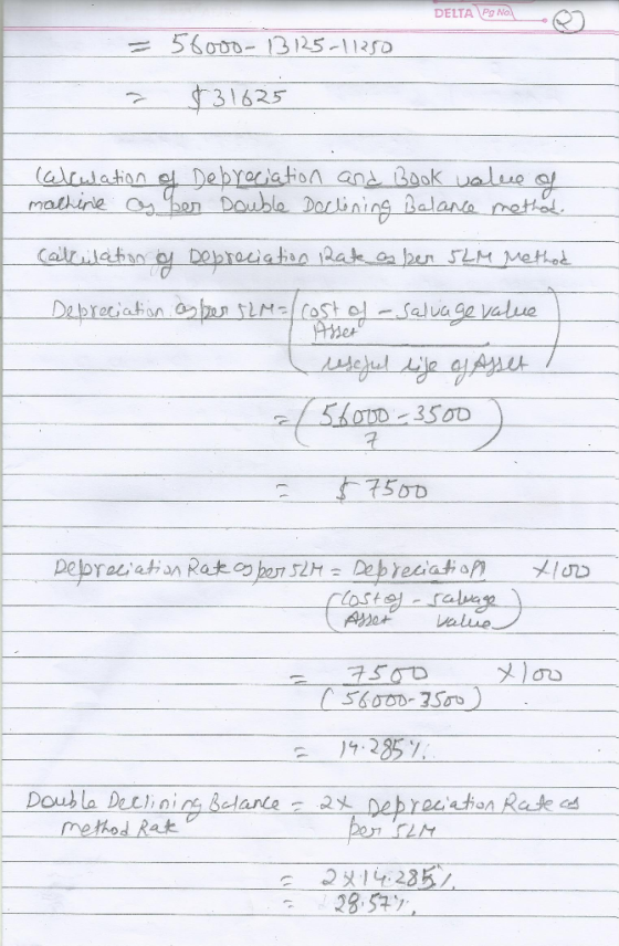 DELTA PONO = 56000-13125-11250 - $31625 Calculation of Depreciation and Book value of machine as per Double Declining Balance