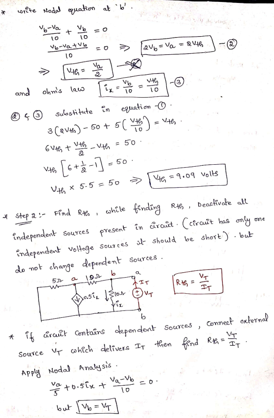 * write Nodal equation at b. 6-va + 10 10 V6-vatub 10 Qub=va = Va = QV46 th= olio Vb 3 = uth 10 - and ix ohms law 3 substi