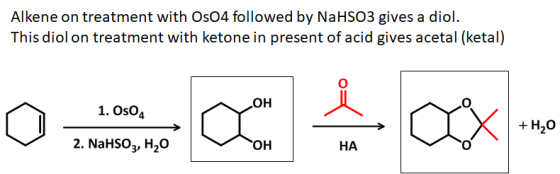 Alkene on treatment with OsO4 followed by NaHSO3 gives a diol. This diol on treatment with ketone in present of acid gives ac