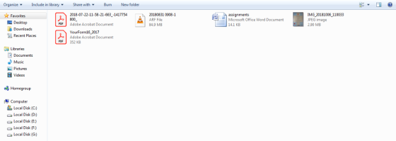 Organize Incude in libraryShare withurn New folder 2018-07-22-11-58-21-663 -1417754 800 Adobe Acrobat Document 20180831 0908-1 IMG 20181006 110033 JPEG image 2.90 MB Favorites | ARF File Microsoft Office Word Document 14.1 KB Desktop PDF 84.9 MB YourForm16 2017 Adobe Acrobat Document Recent Places PDE 352 KB Libraries Music -Pictures Videos Homegroup Computer Local Disk (C:) Local Disk (D:) Local Disk (E) Local Disk (F:) Local Disk (G:)