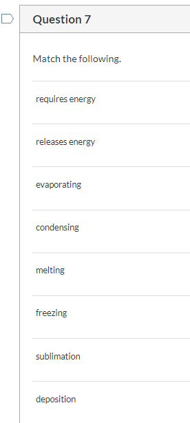D Question 7 Match the following. requires energy releases energy evaporating condensing melting freezing sublimation deposit