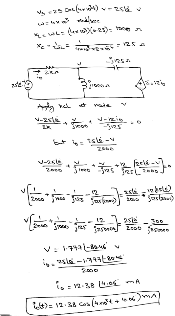 Vs = 25 cos (ux 103+) v= 2518 v w=4x103 rad/sec Xec WL = (4x103)(0.25)= 100gr xc=se= won of x2x155 = 125 s -3125v2 M zka 2 25