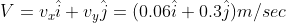 V=v_x\hat{i}+v_y\hat{j}=(0.06\hat{i}+0.3\hat{j})m/sec