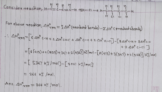 HHH Consider reaction, H-ċ-ċ-=C-H +24-cı I- T-u-u I-U-I - For above readtion, Horn = {AH (reactant bonds) -EDU (productsbonds