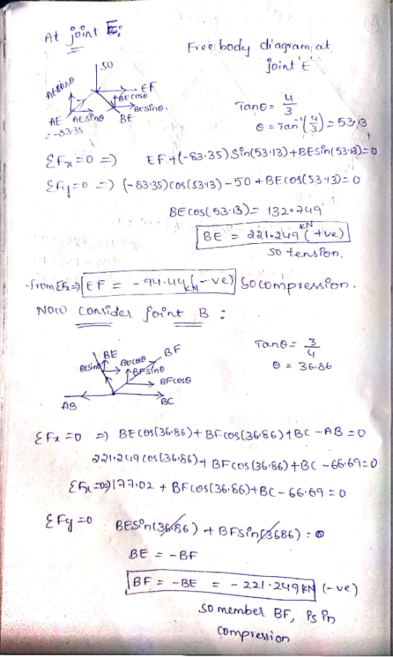 At jont E Free bodey diagram,at, ĴointE 50 -7Besfno, BE Tane = AE AESPNO - 533 O = Tan --83-35 Efyi=0 =) Ef 4(-83-35)Sin(5