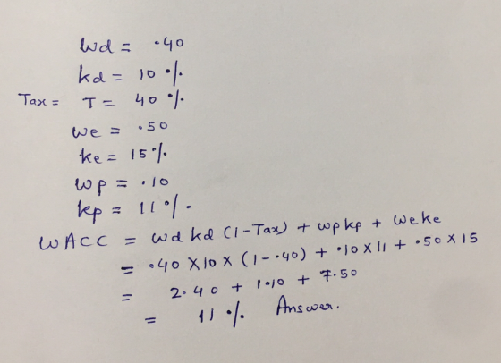 Id = .40 ka= 10% 40% Taxe = T- • 50 ke = 15% wop n. 10 kp = = 11°/- WACC wdkd C1 - Tax) it wop kp & weke = -40 X 10 X (1-.40)