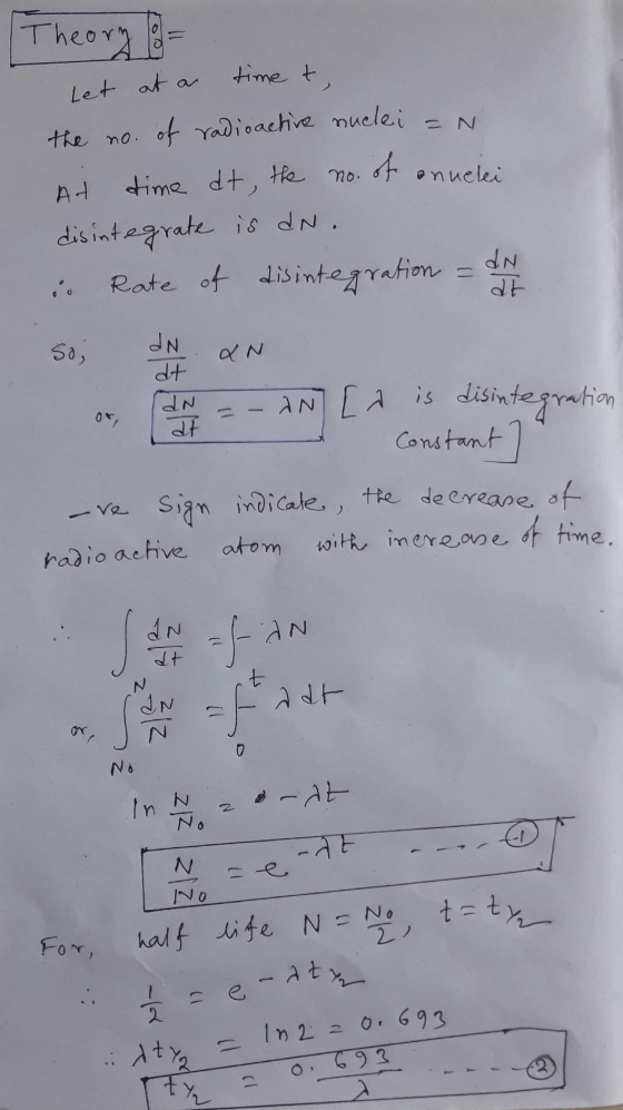 Theory o time t, Let at a of annelei At the no. of radioactive nuclei = N time dt, the no. disintegrate is dn. Rate of disint