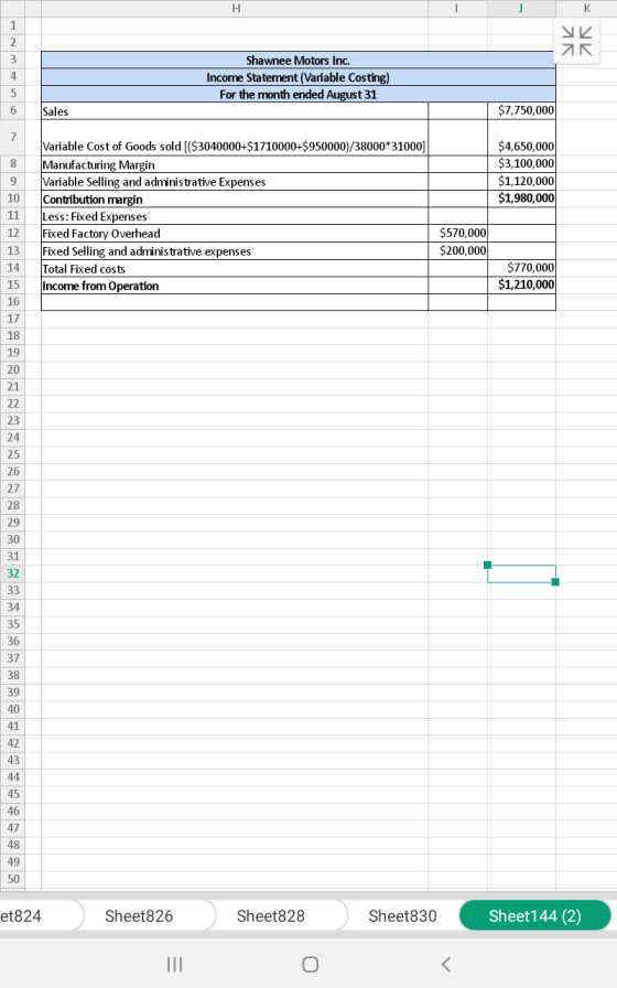 Н K 1 3. Shawnee Motors Inc. Income Statement (Variable Cos ting) 5 For the month ended August 31 $7,750,000 Sales 6 7 Variab