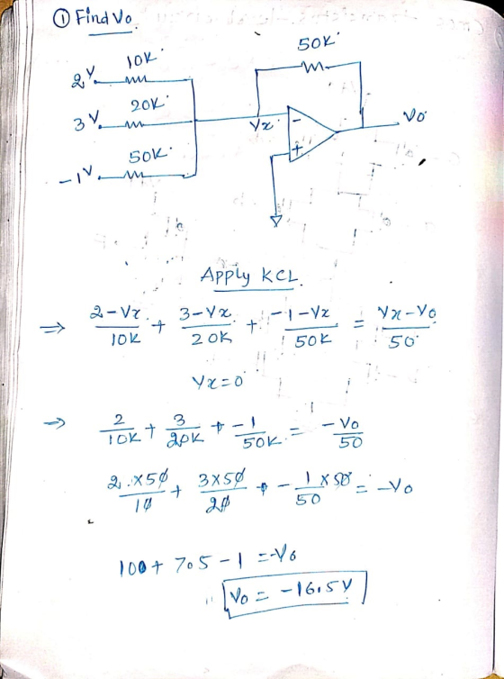 ① Find out lok 50% mo w 20K vo 3 V ye Sok. -v. Apply KCL. 2-V2, = 7 3-12 20k +::1 - V2 į VX-VO 50 Jok 50k Yx=0 - 2 3 gok •