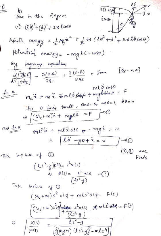 Here in the v 2x Lcoso Knte enesgy-M Potentol enayy -mg LCi-tote) M Cho iló coso) lagrange eguation for or Memmloo tmsino or