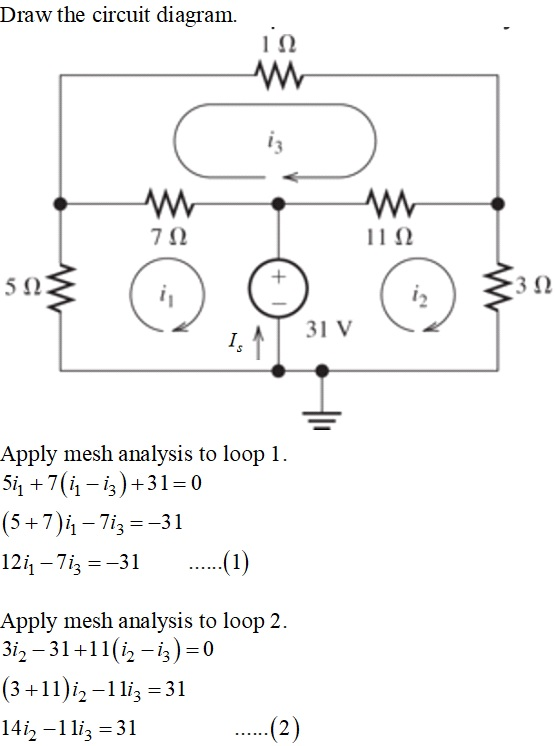 Draw the circuit diagram. 70 11 12 523 31 V Apply mesh analysis to loop 1. 5i, +7(i - iz)+31=0 (5+7)i– 7iz =-31 121– 7iz =-31
