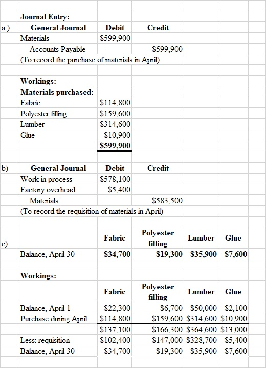 a.) Journal Entry: General Journal Debit Credit Materials $599.900 Accounts Payable $599,900 (To record the purchase of mater