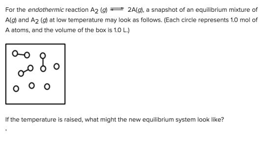 For the endothermic reaction A2 (9) = 2A(g), a snapshot of an equilibrium mixture of A(g) and A2 (9) at low temperature may l
