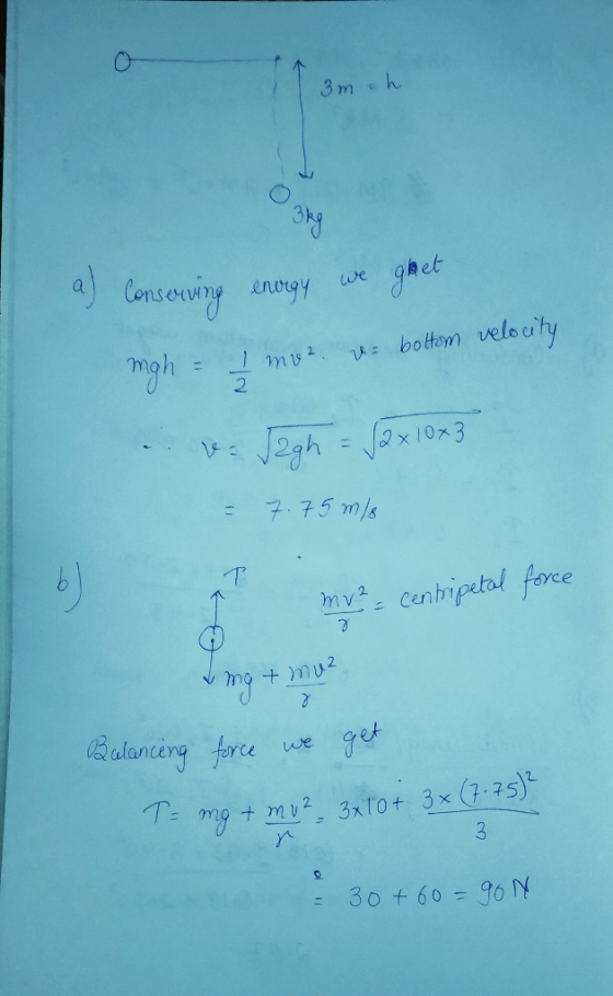 3 m h Conserving energy we ghet & bottom velocity righ Imp . v. Jagh = (2x10x3 = 7.75 m/ Mv?Centripetal force mg + mo Balanci