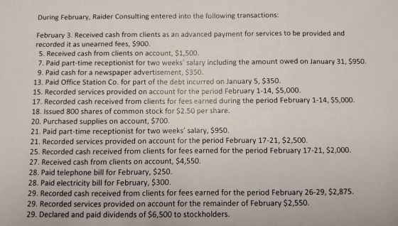During February, Raider Consulting entered into the following transactions: February 3. Received cash from clients as an adva