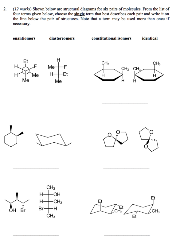 . 2. (12 marks) Shown below are structural diagrams for six pairs of molecules. From the list of four terms given below, choo