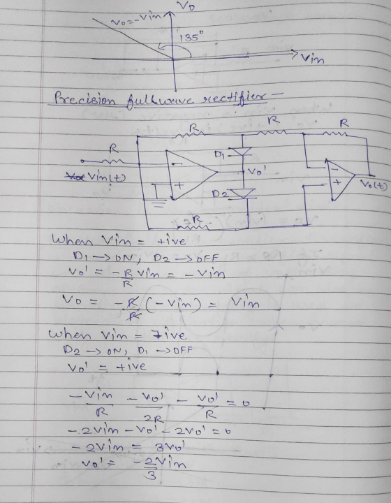 vo L 1350 7 Vim Precision full ware rectifier et vimit Volt When vin = tives DI -> ON, D2 -> OFF 12 No E - R vim = - vin No=
