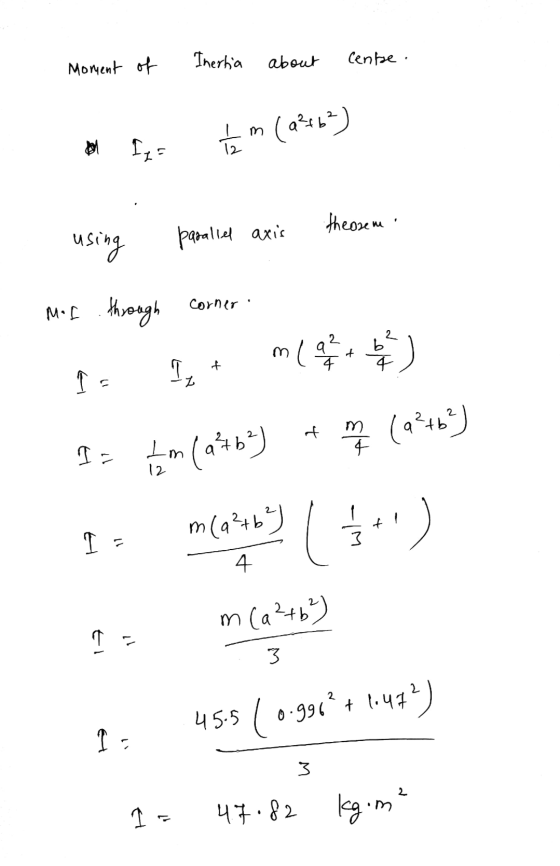 Moment of Inertia about Cente. Im 12 (a%eb%) Izs theorem axis parallel using Mer through corner 2 (१ + + E 4 4 I s Z m + (9²+