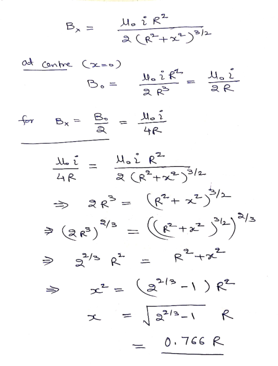 By = Mo i R² 2 (R²+x2j3/2 at contre (x=o) B. Choose for Bree » 2R² = (p² + x²; 3/2 → (22)/3 = (2+x+y*%) » x²=(2213_1) R² x =