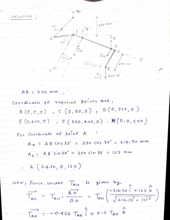 solution : 250 mm Cy B 30 D E Y 300 mm 12.50 m F 400N 50 AB= 250 mm coordinates of required points are, B(0,0,0) C (0,50,0) ,