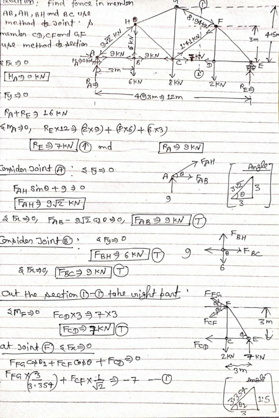 - 81945W T 415r. 3m 9.2 KN 141 KN find fonce in memben AB,AL, BH and Bc une method do Joint s. memben CD, CF and GF Tupe met