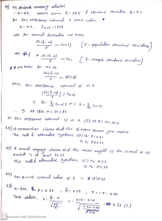 19) 59 students randomly selected, ..=59, mean scone, C = 29.5 f Standard deviakin, s=5.2 for 90.7. confidence interval z sco
