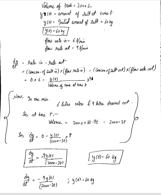 yale Volume of tank = 2000 L - amount of salt at time t. y (0) = Initial amount of salt = 60 kg Tylo) = 60kg flow sate in=6l/