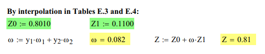 By interpolation in Tables E.3 and E.4: ZO: 0.8010 Z1: 0.1100