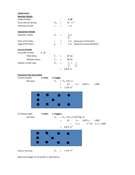 GIVEN DATA ember Details Grade of Steel Gross area of section, Thickness of web A 36 10 in 2 1 in Connection Details Diameter