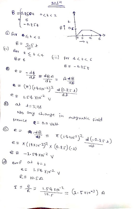 soln 10.950+ 0 < 2 9 -0.95€ B↑ ast @ for ost <2 2 4 - 6 B= 2.5t 10 For aft<4 (ii) Bas for 4<t<6 B = -0.257 es - - dB. A = A €