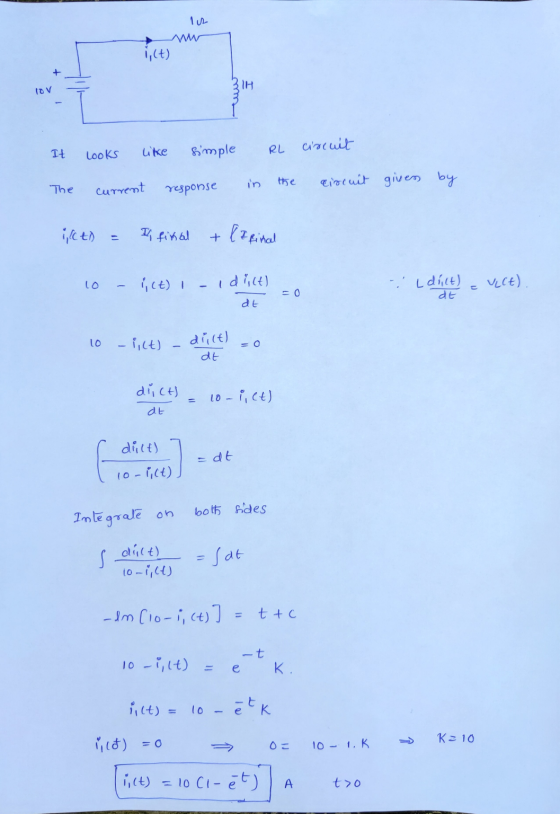 www 1,(t) 31H tov It circuit Looks like RL simple in the circuit given by The current response ikAD = Il final + [zfinal lo -