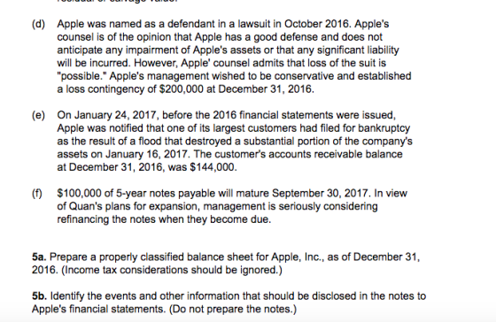 (d) Apple was named as a defendant in a lawsuit in October 2016. Apples counsel is of the opinion that Apple has a good defe
