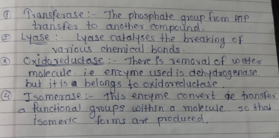 Transferase :- The phosphate group from ATP transfer to another compound. Lyase :- Lyase catalyses the breaking of - various