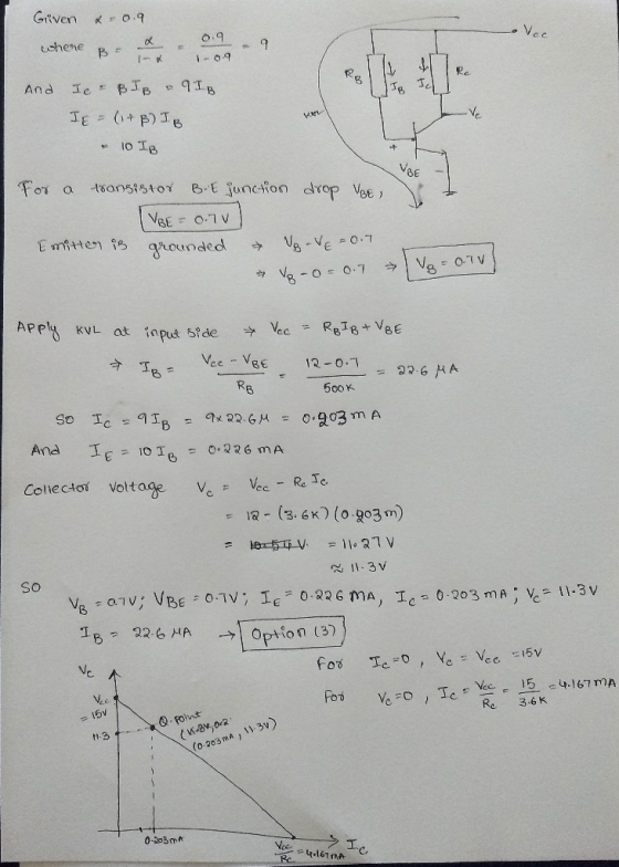 Given KE 0.9 0.9 Vec where 9 -0.9 B. And Jc Je B IB & 9 IB Vc IE = (1+B) IB - 10 IB - UBE 0 For transistor B.E junction drop