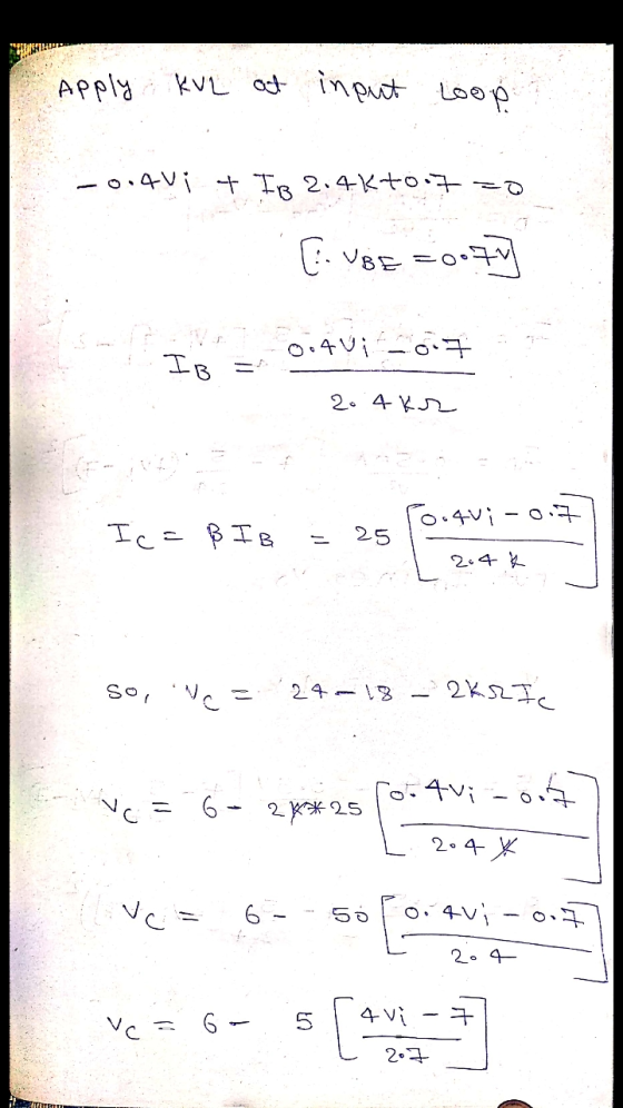 Apply KvL at input Loop -0.4Vit TB 2.4-k toit [.VBE = 0.77 0.40; IB 2o 4 kr Dogu; -0.7 Ica ß IB 25 2.4k Sol 24-18 aksic .avi